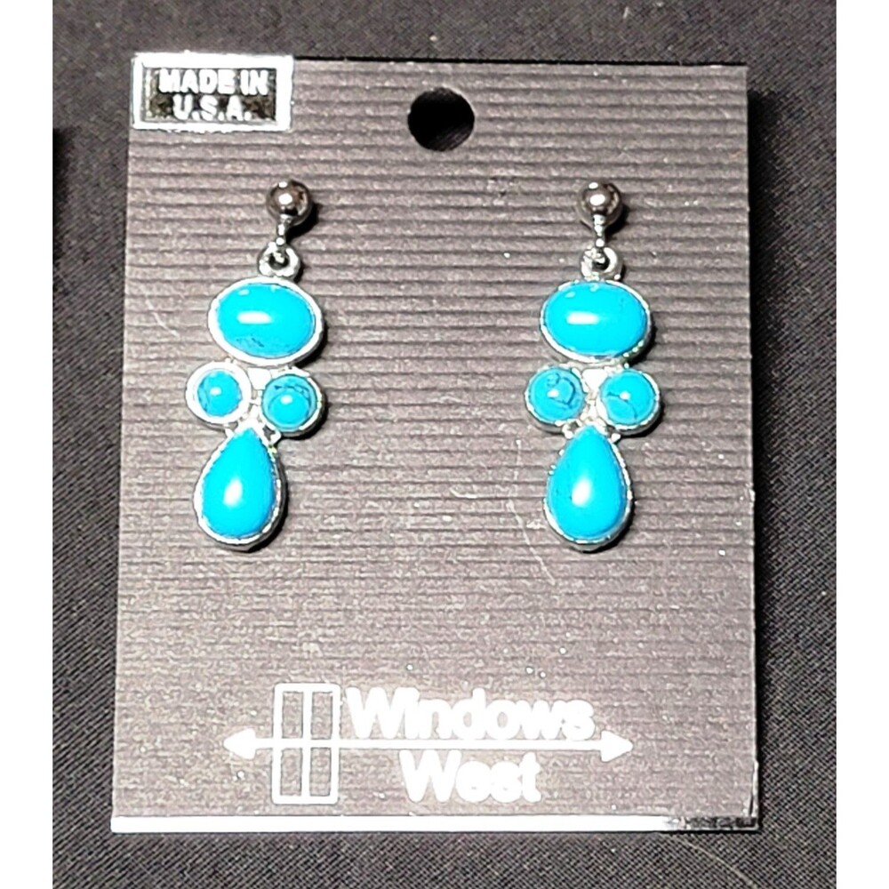 Windows West Turquoise Silver Metal Teardrop Dangle Pierced Earring/Necklace Set - Picture 3 of 7
